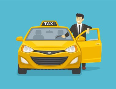 Açık arabanın ön kapısına dayanmış genç ve mutlu bir taksi şoförü. İzole edilmiş bir taksi arabası manzarası. Düz vektör resimleme şablonu.