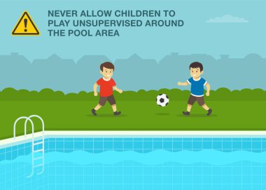 Çocuklar için güvenlik kuralı. Açık havuzun yanında top oynayan iki erkek çocuk. Havuz çevresinde çocukların gözetimsiz oynamasına asla izin verme. Düz vektör resimleme şablonu.