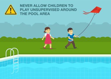 Çocuklar için güvenlik kuralı. Erkek ve dişi çocuklar açık havuza yakın uçurtma uçuruyorlar. Düz vektör resimleme şablonu.