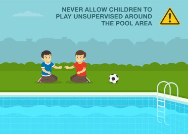 Çocuklar için güvenlik kuralı. İki erkek çocuk yüzme havuzunun yanında taş kağıt makas oynuyorlar. Düz vektör resimleme şablonu.
