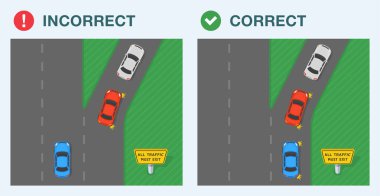 Güvenli sürüş ipuçları ve trafik kuralları. Otobanda bir trafik akışının üst görüntüsü. Doğru ve yanlış sürüş 