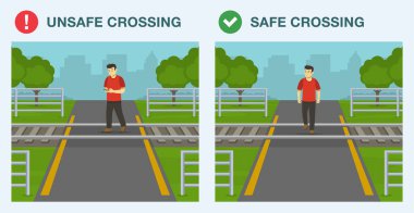 Demiryolu güvenliği kuralları ve bahşişler. Güvenli ve güvensiz demiryolu geçidi. Güvenli olduğunda geç. Tren rayları üzerinde ya da yakınında cep telefonu kullanmayın. Düz vektör resimleme şablonu.