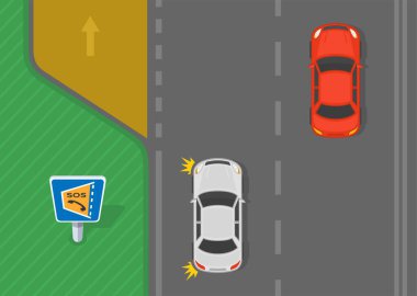 Güvenli sürüş ipuçları ve trafik kuralları. Acil durum yerine giden beyaz bir sedan aracın üst görüntüsü. Düz vektör resimleme şablonu.