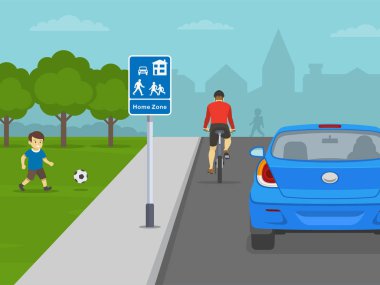 Güvenli sürüş ipuçları ve trafik kuralları. Bir bisikletçinin ve yoldaki bir arabanın arka görüntüsü. Ev tabelası bölgesi. Düz vektör resimleme şablonu.