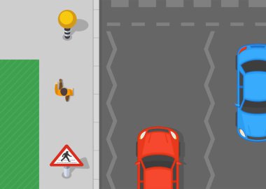 Güvenli sürüş ipuçları ve trafik kuralları. Yaya geçidi işaretli ve belisha işaretli bir İngiliz caddesinin en üst görüntüsü. Düz vektör resimleme şablonu.