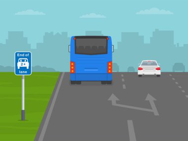 Güvenli sürüş ipuçları ve trafik kuralları. Otoyoldaki bir otobüsün arka görüntüsü. Lüks araç şeridinin sonu. Düz vektör resimleme şablonu.