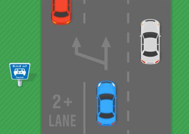 Güvenli sürüş ipuçları ve trafik kuralları. Otobanda bir trafik akışının üst görüntüsü. Lüks araç şeridinin sonu. Düz vektör resimleme şablonu.