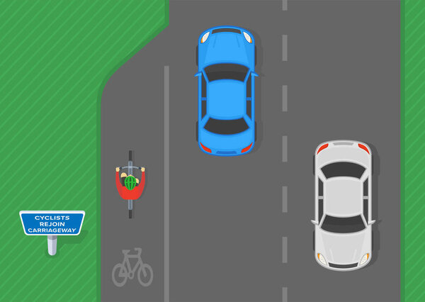 Safe driving tips and traffic regulation rules. "Cyclists rejoin carriageway" sign area. Top view of a bicycle rider on a bike lane. Flat vector illustration template.