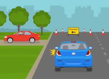 Güvenli sürüş ipuçları ve trafik kuralları. Trafik akışı dikkat dağıtma işaretinden sola dönüyor. Yol çalışması alanına yaklaşan bir arabanın arka görüntüsü. Düz vektör resimleme şablonu.