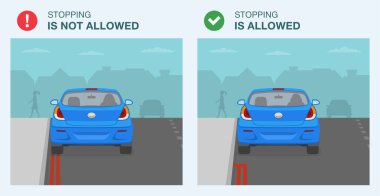 Güvenli sürüş ipuçları ve trafik kuralları. Yasal ve yasadışı durdurma. Araba çift kırmızı bir yolda durdu. 