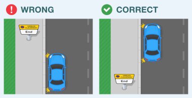 Safe driving tips and traffic regulation rules. Correct and incorrect driving. Top view of a car stopped at 