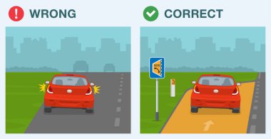 Güvenli sürüş ipuçları ve trafik kuralları. Doğru ve yanlış sürüş. Lastiği patlamış bir arabanın arka görüntüsü. Düz vektör resimleme şablonu.