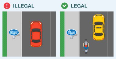 Güvenli sürüş ipuçları ve trafik kuralları. Yasal ve yasa dışı sürüş. Otobüsler, pedallar, tek başına motosikletler ve taksiler için bir rotadaki trafik akışının en üst görüntüsü. Düz vektör resimleme şablonu.