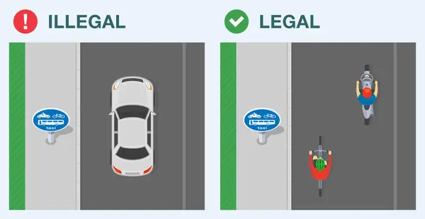 stock vector Safe driving tips and traffic regulation rules. Legal and illegal driving. Top view of car, bicycle and moto rider on a dedicated lane. Flat vector illustration template.