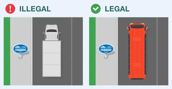 stock vector Safe driving tips and traffic regulation rules. Legal and illegal driving. Top view of a bus and goods vehicle on a dedicated lane. Flat vector illustration template.