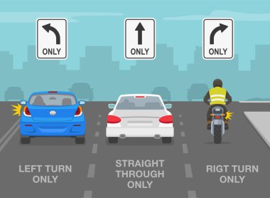 Güvenli sürüş ipuçları ve trafik kuralları. Birleşik Devletler yol işaretleri anlamına geliyor. Düz git, sadece sağa dön ve sadece sola dön. Kavşaktaki arabaların arka görüntüsü. Düz vektör resimleme şablonu.