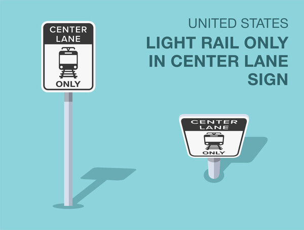 Traffic regulation rules. Isolated United States "light rail only in center lane" road sign. Front and top view. Flat vector illustration template.