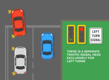 Güvenli sürüş ipuçları ve trafik kuralları. Sadece sola dönüş için ayrı bir trafik lambası var. Kavşaktaki trafik akışının üst görüntüsü. Düz vektör resimleme şablonu.