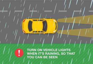 Güvenli araba sürme ipuçları ve kurallar. Yağmurlu ve kaygan bir yolda araba sürüyorum. Araç ışıklarını yakın, böylece görülebilirsiniz. Üst Manzara. Düz vektör resimleme şablonu.