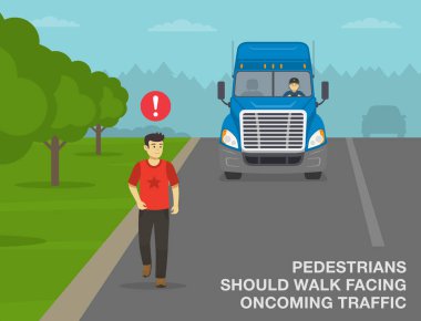 Güvenli sürüş ipuçları ve trafik kuralları. Arkası trafik akışına dönük yürüyen bir erkek yayanın ön görüntüsü. Trafiğe doğru yürümelisin. Düz vektör resimleme şablonu.