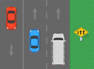 Güvenli sürüş ipuçları ve trafik kuralları. Ters yönde tek şeritli iki yönlü bir caddenin üst görüntüsü. Düz vektör resimleme şablonu.