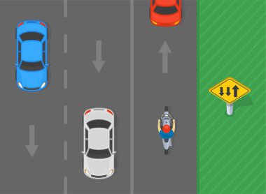 Safe driving tips and traffic regulation rules. Top view of a two way street where two lanes are in the opposite direction. Flat vector illustration template. clipart