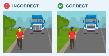 Güvenli sürüş ipuçları ve trafik kuralları. Doğru ve yanlış yol kenarı yürüyüşü. Trafiğe doğru yürü. Erkek bir yayanın görüntüsü. Düz vektör resimleme şablonu.