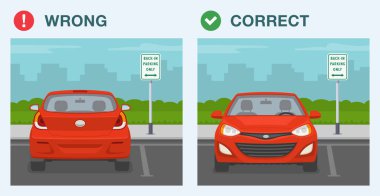 Güvenli sürüş ipuçları ve trafik kuralları. Doğru ve yanlış park. Park yerine sadece geri geri gidilebilir. Düz vektör resimleme şablonu.