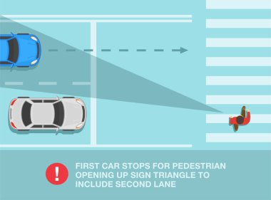 Güvenli sürüş ipuçları ve trafik kuralları. İleri yaya geçidinden geçen bir yayanın üst görüntüsü. Yoldan geçen insanları arabalar görebilir. Düz vektör resimleme şablonu.