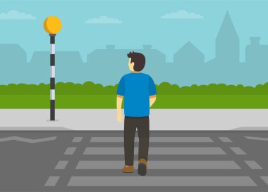 Yaya güvenlik kuralları ve bahşişler. Belisha Beacon 'la yaya geçidindeki erkek karakterin arka görüntüsü. Düz vektör resimleme şablonu.