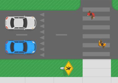 Yaya güvenliği. Trafik kuralları ve bahşişler. İleri bir yaya geçidinde karşıdan karşıya geçen yayaların en üst görüntüsü. Düz vektör resimleme şablonu.