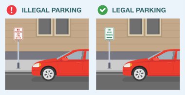 Güvenli sürüş ipuçları ve trafik kuralları. Yasal ve yasadışı park yeri. İşaret alanında park yasak. Düz vektör resimleme şablonu.