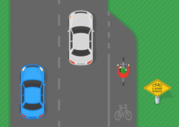Safe driving tips and traffic regulation rules. United States "bicycle lane ends" sign area. Top view of a cyclist and traffic flow. Flat vector illustration template.