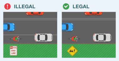 Güvenli sürüş ipuçları ve trafik kuralları. Yasal ve yasadışı park yeri. Bir araba ve bisikletçinin ortak ya da dar bir yol üzerindeki en iyi manzarası. Düz vektör resimleme şablonu.