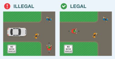 Güvenli sürüş ipuçları ve trafik kuralları. Yasal ve yasa dışı sürüş. Araba manzarası, bisikletçiler ve yayalar var. 