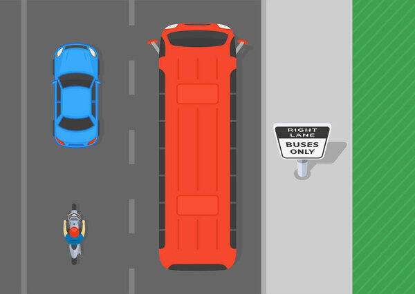 Safe driving tips and traffic regulation rules. "Right lane, buses only" sign area. Top view of a traffic flow on a two lane street. Flat vector illustration template.