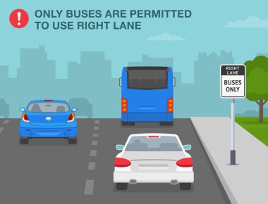 Güvenli sürüş ipuçları ve trafik kuralları. 'Sağ şerit, sadece otobüsler' işareti demek. İki şeritli bir caddedeki trafik akışının arka görüntüsü. Düz vektör resimleme şablonu.