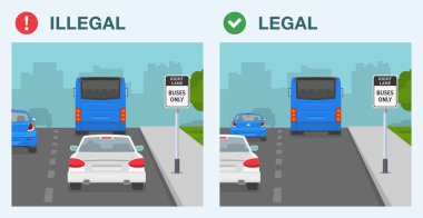 Güvenli sürüş ipuçları ve trafik kuralları. Yasal ve yasa dışı sürüş. Sadece otobüsler için sağ şerit. İki şeritli bir caddedeki trafik akışının arka görüntüsü. Düz vektör resimleme şablonu.