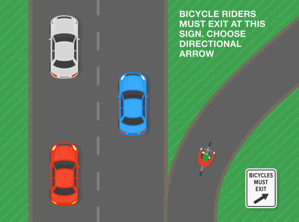Safe driving tips and traffic regulation rules. United States "bicycles must exit" sign meaning. Top view of a cyclist exiting the highway. Flat vector illustration template.