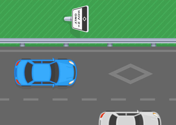 Driving tips and traffic regulation rules. Blue sedan car travels on HOV two plus lane. Top view. Flat vector illustration template.