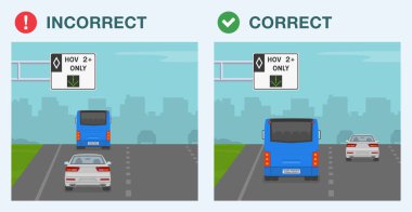 Güvenli sürüş ipuçları ve trafik kuralları. HOV 2 artı şeritte yasal ve yasa dışı araç kullanmak. Otobanda bir otobüs ve sedan araba var. Düz vektör resimleme şablonu.