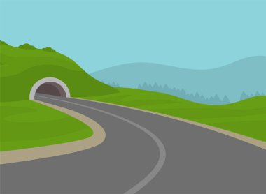 Keskin bir dönüş ve dağ boyunca tünel girişi. Boş yol manzarası. Düz vektör resimleme şablonu.