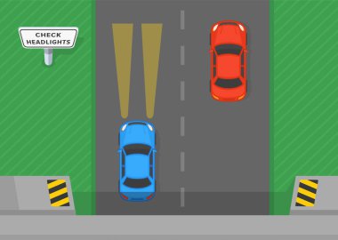 Driving tips and traffic regulation rules. Top view of a traffic flow exiting the tunnel. Check headlights sign. One car travels with headlights on, another turned it off. Flat vector illustration. clipart