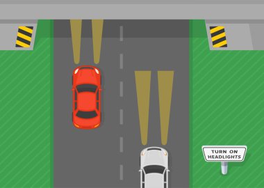 Şoför ipuçları ve trafik kuralları. Tünele giren bir trafik akışının üst görüntüsü. Girişteki far tabelasını yak. Düz vektör illüstrasyonu.