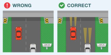 Güvenli sürüş ipuçları ve trafik kuralları. Doğru ve yanlış sürüş. Trafik akışı tünele giriyor. Farların olduğu yeri aç. Düz vektör resimleme şablonu.
