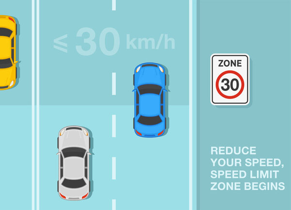 Безопасное вождение советы и правила дорожного движения. Знаковая зона "Ограничение скорости". Вид сверху транспортного потока на проезжую часть. Плоский векторный шаблон.