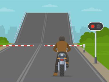 Güvenli sürüş ipuçları ve trafik kuralları. Moto binicisi köprü kırmızı ışıkta duruyor. Arkadan bak. Düz vektör resimleme şablonu.