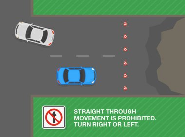 Güvenli sürüş ipuçları ve trafik kuralları. İşaret levhasının içinden geçmiyor. Hareket yasaklandı, sağa ya da sola dönün. Üstteki manzaralı arabalar geri dönüyor. Düz vektör resimleme şablonu.