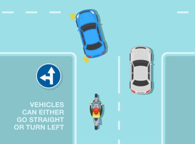 Güvenli sürüş ipuçları ve trafik kuralları. Avrupa işareti. Araçlar düz gidebilir ya da sola dönebilir. Kavşaktaki trafik akışının üst görüntüsü. Düz vektör resimleme şablonu.