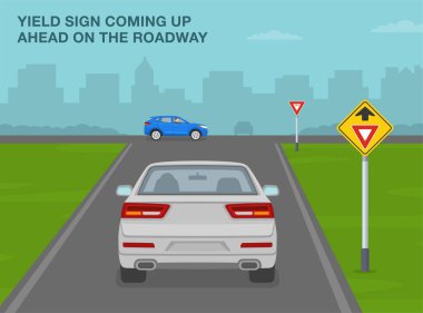 Güvenli sürüş ipuçları ve trafik kuralları. Yol işareti hemen önümüzde. Kavşağa 